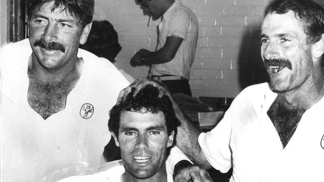 Cricketers (L-R) Rod Marsh, Greg Chappell and Dennis Lillee relax in the locker room, Australia v Pakistan test at the SCG in Sydney, 03/01/84. Pic Ray Titus.