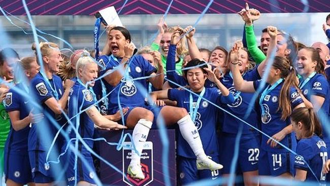 On a pedestal: a seated Chelsea FCW player Sam Kerr is surrounded by teammates celebrating the team’s win against Reading in Barclay’s WSL. Picture: Instagram