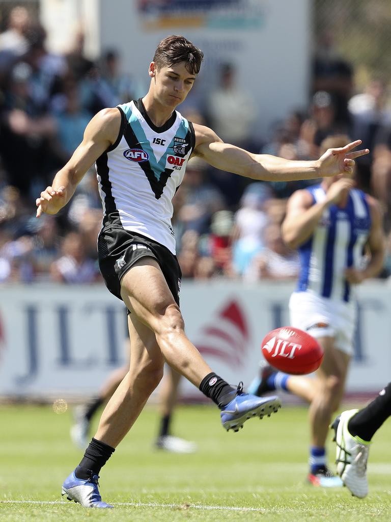 Connor Rozee during the JLT Series game against North Melbourne at Alberton Oval. Picture: Sarah Reed