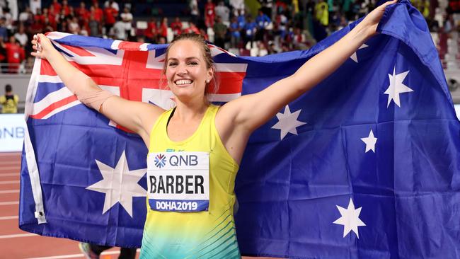 Kelsey-Lee Barber celebrates winning the javelin at the IAAF world athletics championships in Doha. Pic: Getty Images