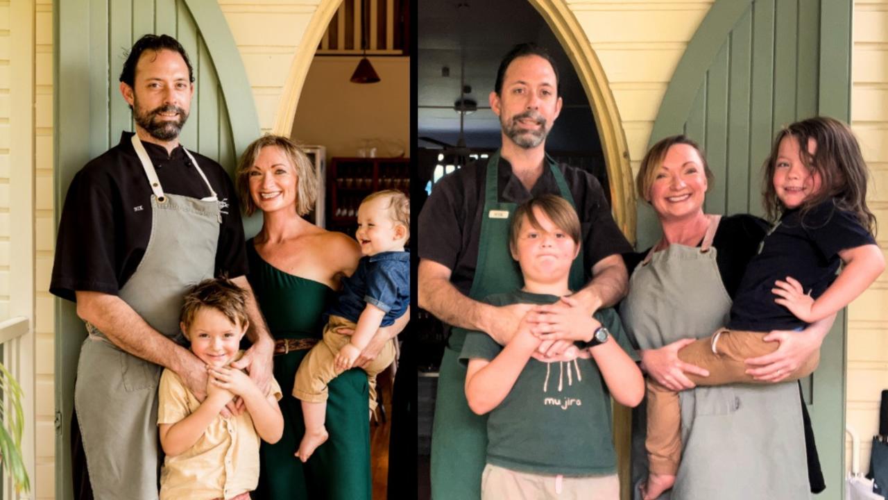 Nik Flack, Em Goss and their children Hunter and Iluka at The Flackyard in the Old Church on Pinnacle. Photo: Contributed