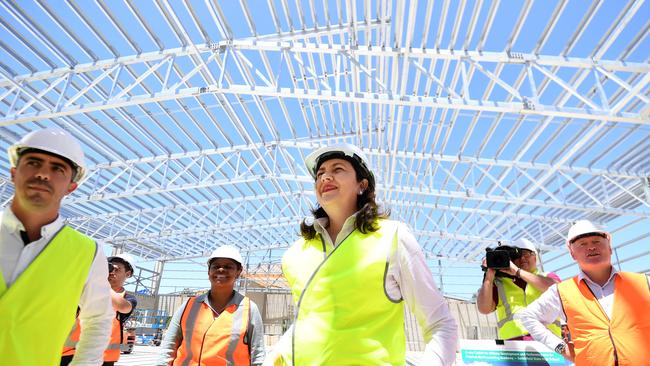 Queensland Premier Annastacia Palaszczuk is seen during a visit to a construction site of a sport and performing arts centre at the Smithfield State High School in Cairns, as she campaigns for her re-election. Queenslanders will go to the polls on October 31. Picture: NCA NewsWire / Dan Peled