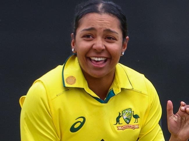 MELBOURNE, AUSTRALIA - OCTOBER 12: Alana King of Australia celebrates Stafanie Taylor of the West Indies during game two of the womens One Day International series between Australia and the West Indies at Junction Oval on October 12, 2023 in Melbourne, Australia. (Photo by Asanka Ratnayake/Getty Images)