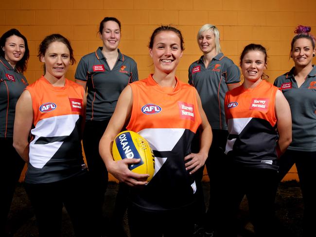 The GWS Giants’ first seven women players. Pictured, back left to right, Kate Stanton, Erin McKinnon, Renee Tomkins, Kristy De Pellegrini, front left to right, Ashleigh Guest, Nicola Barr and Stephanie Walker. Picture: Gregg Porteous