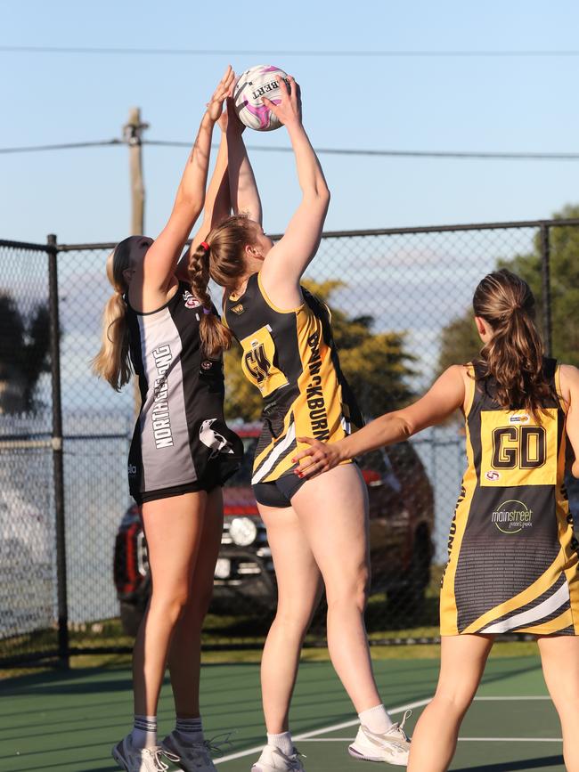 North Geelong's Alexandra Konidaris and Bannockburn's Mikaela Minns. GDFNL North Geelong v Bannockburn netball. Picture: Alan Barber