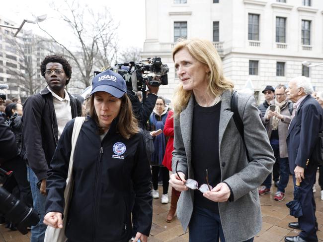 Former administrator of the United States Agency for International Development (USAID) Samantha Power greets former employees who have been placed on leave or fired by President Donald Trump's administration. Picture: AFP