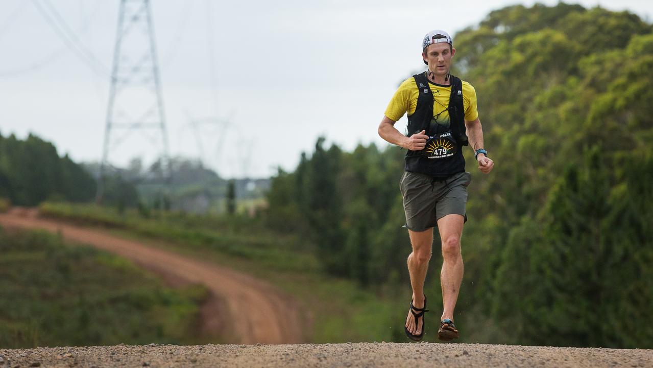 Sunshine Coast runner Sam Stow completing the Beerwah Daybreak marathon in Sandals. Picture: Steven O'Keefe/SOKImages