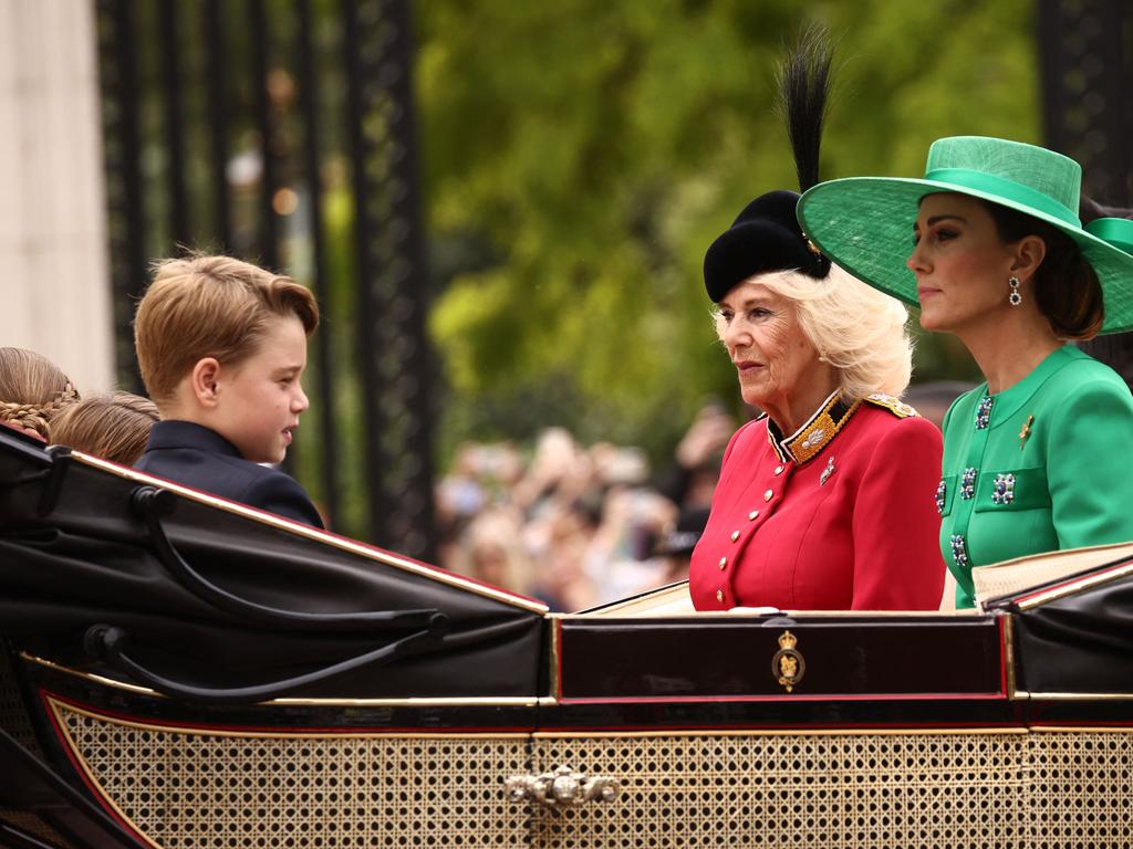 Britain's Queen Camilla, Britain's Catherine, Princess of Wales and her children, Britain's Prince George of Wales, Britain's Prince Louis of Wales and Britain's Princess Charlotte of Wales are taken in a horse-drawn carriage to Horse Guards Parade for the King's Birthday Parade, Trooping the Colour, in London. Picture: Hentry Nicholls / AFP