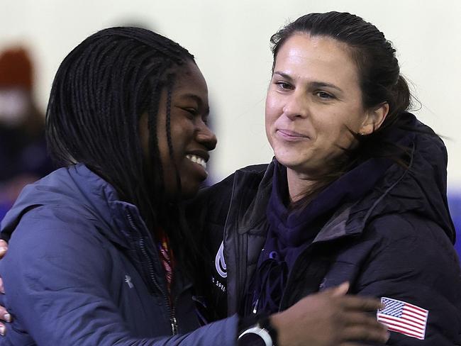 MILWAUKEE, WISCONSIN - JANUARY 09: Erin Jackson and Brittany Bowe speak to the media during the 2022 U.S. Speedskating Long Track Olympic Trials at Pettit National Ice Center on January 09, 2022 in Milwaukee, Wisconsin. (Photo by Stacy Revere/Getty Images)