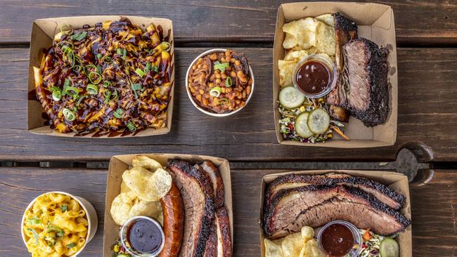 Loaded brisket fries, barbecue brisket beans, beef short rib, mac and cheese and brisket from BlackBear BBQ. Picture: Monique Harmer