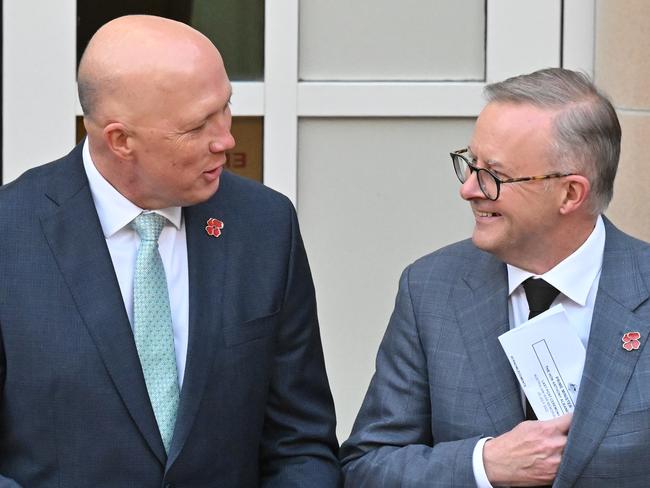 Leader of the Opposition Peter Dutton and Prime Minister Anthony Albanese attend the Last Post Ceremony at the Australian War Memorial in Canberra, Monday, July 25, 2022. (AAP Image/Mick Tsikas) NO ARCHIVING