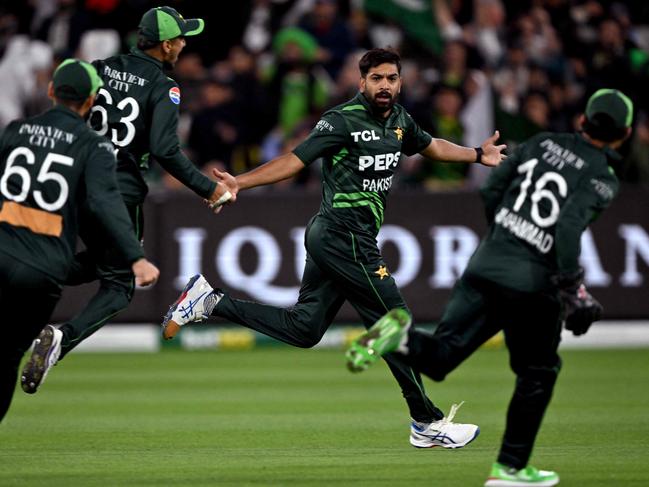 Pakistan bowler Haris Rauf (2nd R) turned the match on its head. Picture: Getty