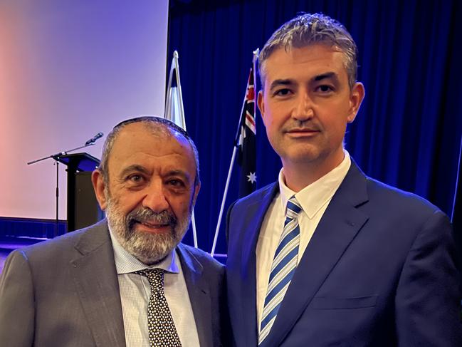 Gold Coast Hebrew Congregation President David Rebibou with Councillor Hermann Vorster at the Gold Coast community solidarity gathering in Robina. Picture: Keith Woods.