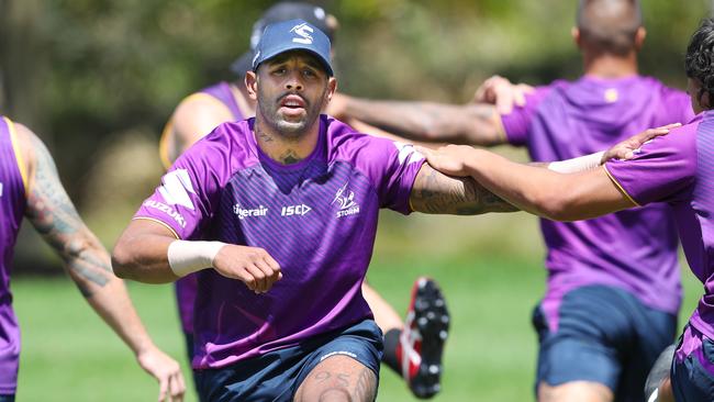 Josh Addo-Carr is seen during a Melbourne Storm training session at Gosch's Paddock in Melbourne. (AAP Image/David Crosling) NO ARCHIVING