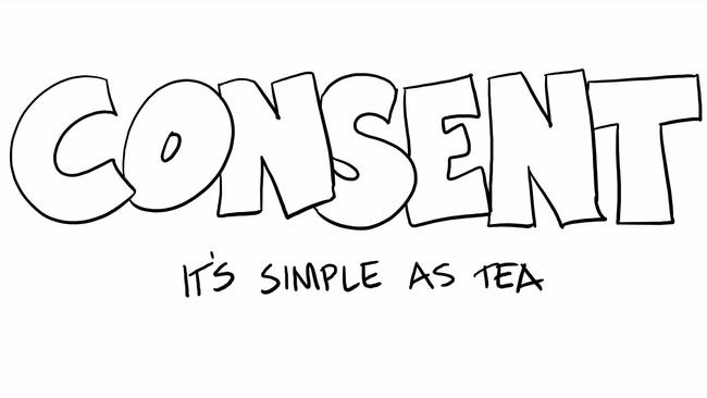 The opening frame of the video, produced by Blue Seat Studios, that explains the concept of consent.