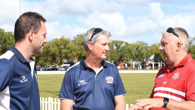 Left: Regional Manager Community Football - ACT/Regional NSW Marc Geppert, Community Football Manager Paul Taylor, and Lismore Swans AFL president Ken McPherson. Picture Cath Piltz