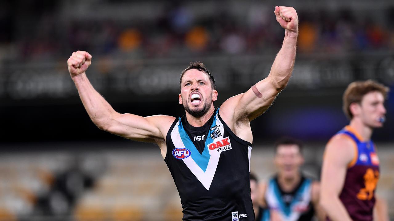 In-form former captain Travis Boak celebrates a goal against Brisbane. Picture: AAP Image/Dave Hunt