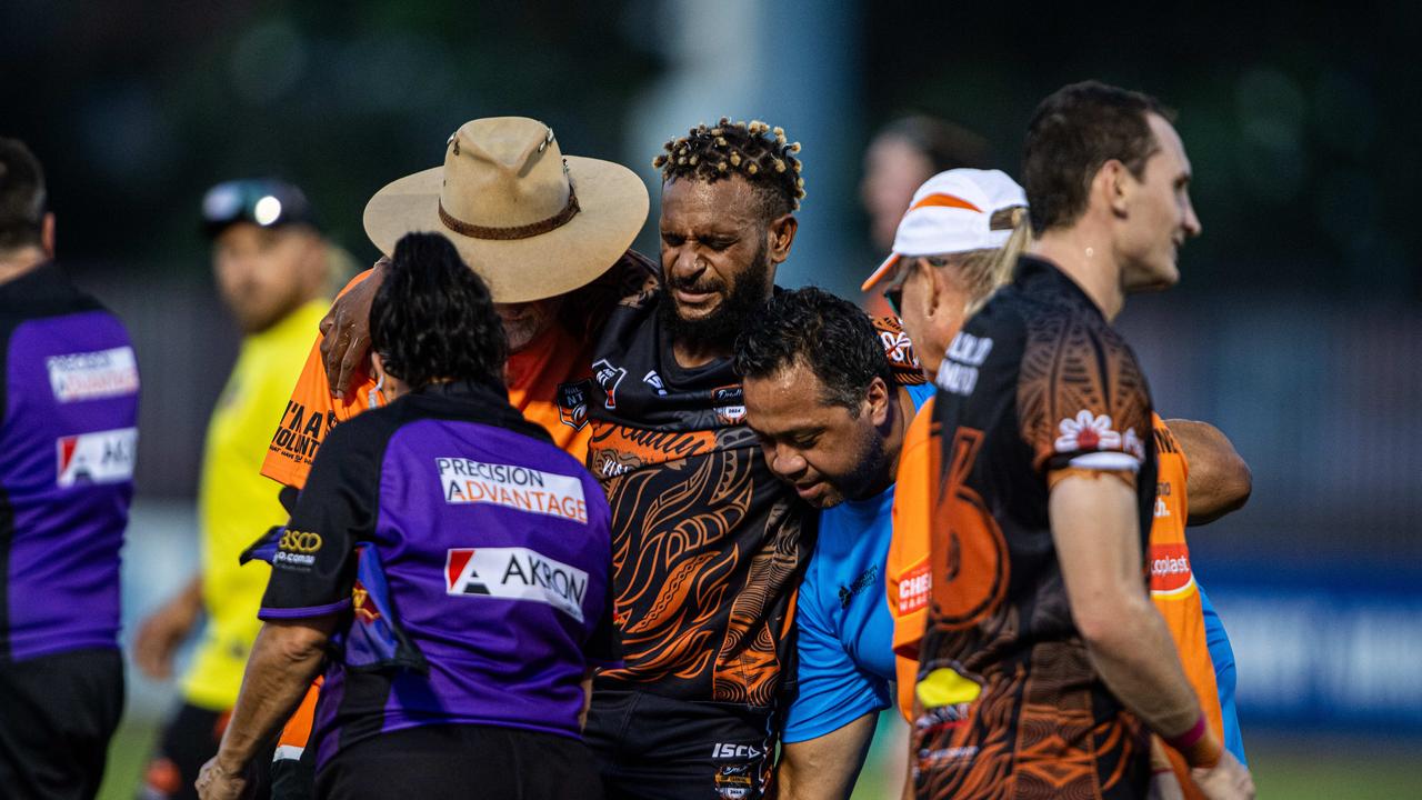 Albert Wosomo injured at the 2024 Deadly Cup Carnival between the Indigenous All Stars and Territory All Stars. Picture: Pema Tamang Pakhrin