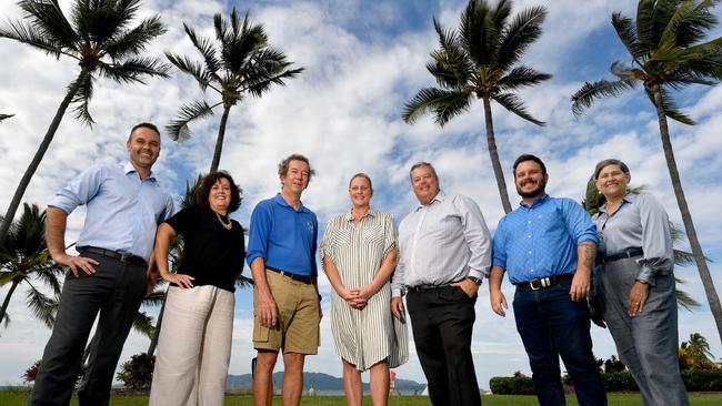 Townsville Adam Baillie, Thuringowa MP Natalie Marr, Townsville Sailing Club President John Byrne, Olympian and Councillor Suzy Batkovic, Member for Dawson Andrew Wilcox, Member for Herbert Phillip Thompson and Mundingburra MP Janelle Poole. on the Strand. Picture: Evan Morgan