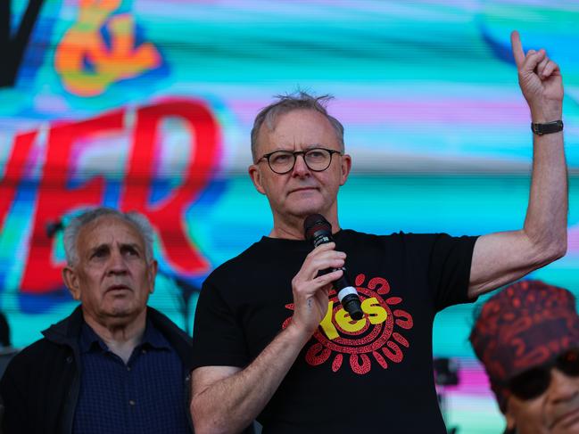 SHEPPARTON, AUSTRALIA - OCTOBER 06: Prime Minister of Australia Anthony Albanese addresses the crowd wearing a 'Yes' T-shirt at 'Now & Forever' at Shepparton Showgrounds on October 06, 2023 in Shepparton, Australia. An Artist and First Nations-led initiative, 'Now & Forever' is a celebration and invitation to stand in solidarity with community to amplify choosing yes for the 2023 Referendum. (Photo by Asanka Ratnayake/Getty Images)