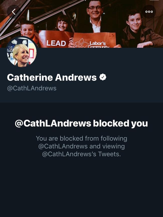 The Twitter block message from Catherine Andrews.