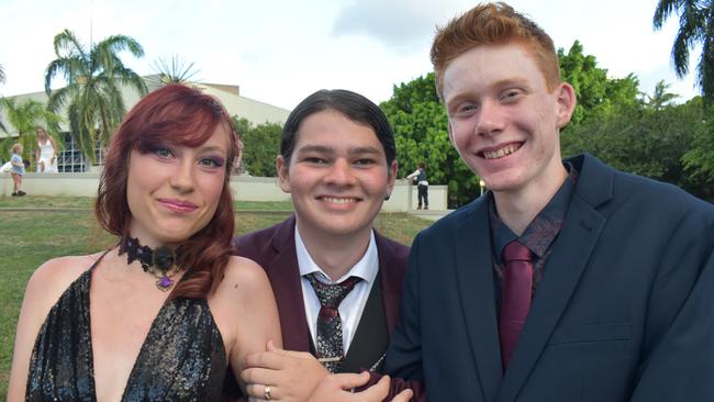 Derna-Jayde Hunt, Coltan Shaw-Murphy and Vincent Love at the Sarina State High School formal at the MECC, Mackay, on Thursday November 19. Picture: Zizi Averill