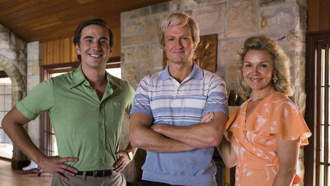 Cast of Hoges: Ryan Corr as John ‘Strop’ Cornell, Josh Lawson as Paul Hogan and Justine Clarke as Noelene Hogan.