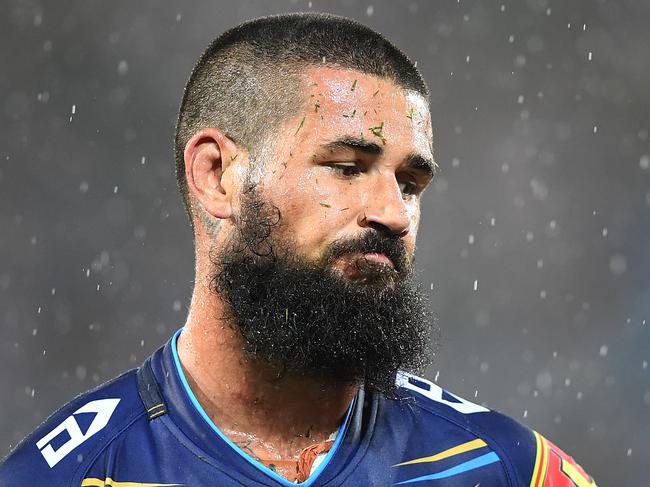 Titans player Nathan Peats looks on  following a Raiders try during the Round 1 NRL match between the Gold Coast Titans and the Canberra Raiders at CBus Super Stadium on the Gold Coast, Sunday, March 17, 2019. (AAP Image/Dave Hunt) NO ARCHIVING, EDITORIAL USE ONLY