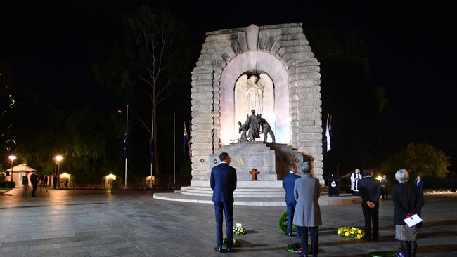 SA Governor and other dignitaries gather at the National War Memorial on North Terrace to commemorate Anzac Day. AAP Image/David Mariuz.