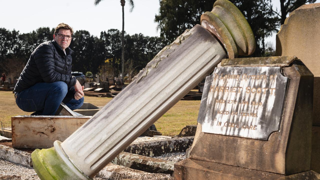 Toowoomba Region Mayor Geoff McDonald is disgusted after vandals damage or destroy more than 300 graves at Toowoomba's Drayton Cemetery, Sunday, August 11, 2024. Picture: Kevin Farmer