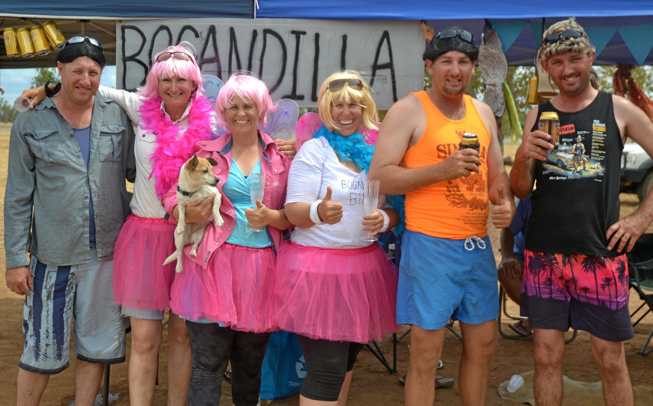 Troy Symes, Arlie Becker, Sonia Watson, Toni Imhoff, Campbell Watson and Wayne Becker with their team mascot, Sticky at the Dulacca Sports Club annual Bush Beach Volleyball tournament. Picture: Kate McCormack