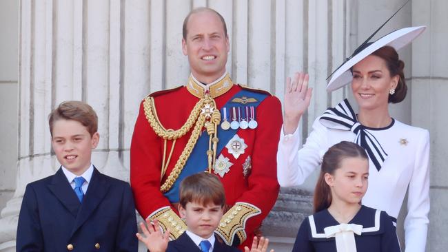 Prince George, Prince William, Prince Louis, Princess Charlotte and Princess Catherine, were all smiles during Trooping the Colour. Picture: Getty