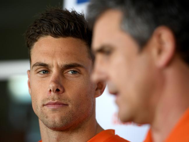 GWS Giants player Josh Kelly and coach Leon Cameron speak to the media following a training session at the Greater Western Sydney Giants training centre in Sydney, Tuesday, September 4, 2018. (AAP Image/Dan Himbrechts) NO ARCHIVING