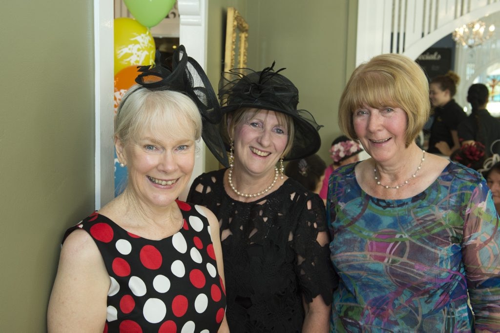 At Toowoomba Hospice Melbourne Cup luncheon are (from left) Sue Beirne, Chris Padget and Bev Jordan at Cafe Valetta. Picture: Kevin Farmer