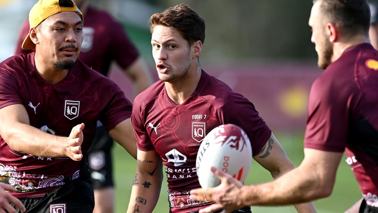 GOLD COAST, AUSTRALIA - JULY 07: Kalyn Ponga gets a pass away during a Queensland Maroons State of Origin training session at Sanctuary Cove on July 07, 2022 in Gold Coast, Australia. (Photo by Bradley Kanaris/Getty Images)