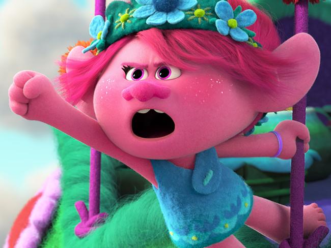 Poppy (voiced by Anna Kendrick) and Branch (voiced by Justin Timberlake) in a scene from the movie Trolls World Tour. Supplied by Universal Pictures.