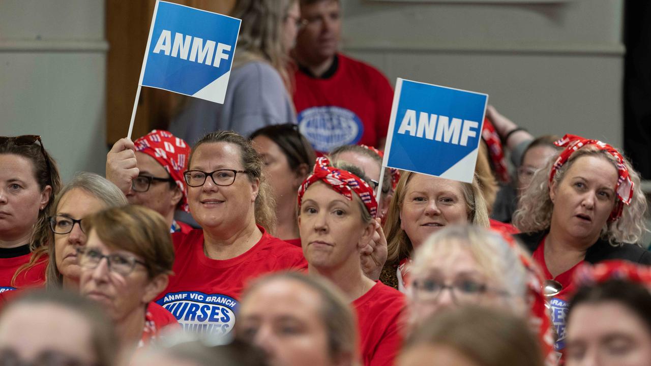 Geelong public sector nurses and midwives attending a statewide ANMF meeting at Geelong Trades Hall. Picture: Brad Fleet