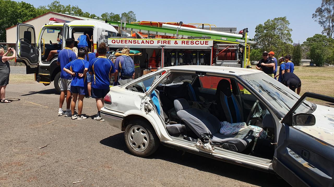 Murgon State High School’s Year 12 students watch on as QFES officers demonstrate what happens at the scene of an accident.