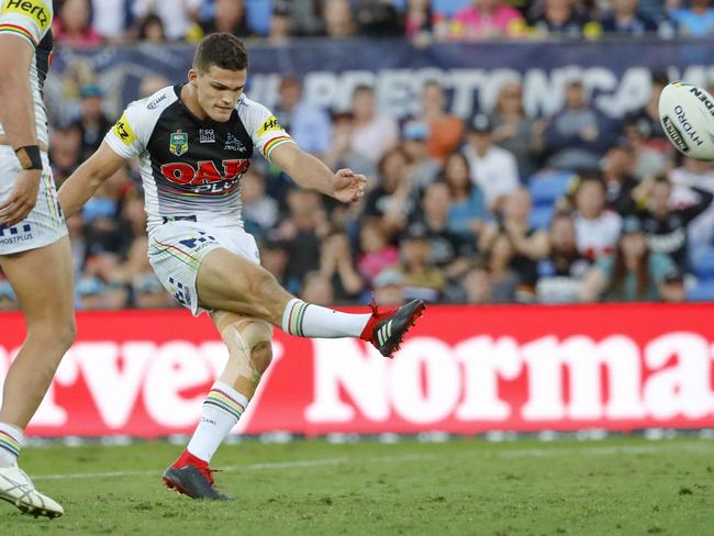 Nathan Cleary of the Panthers kicks a golden point field goal during the Round 22 NRL match between the Gold Coast Titans and the Penrith Panthers at Cbus Super Stadium on the Gold Coast, Saturday, August 11, 2018. Picture: AAP Image/Glenn Hunt