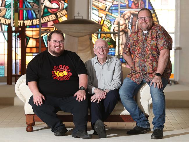 Chris Threw, Martin Mitchell and Reverend Christian Ford met up again this week at Gosford Anglican Church. Picture: Sue Graham