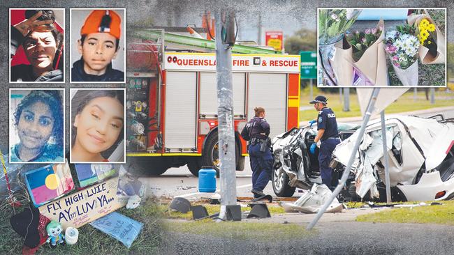 The four teens who died at the scene were (clockwise from top left) Cayenne Nona, 14, Lucius Hill, 13, Aaliyah Tepaa-Brown, 17, and Rayveena Coolwell, 15. Tributes have since been laid at the site.