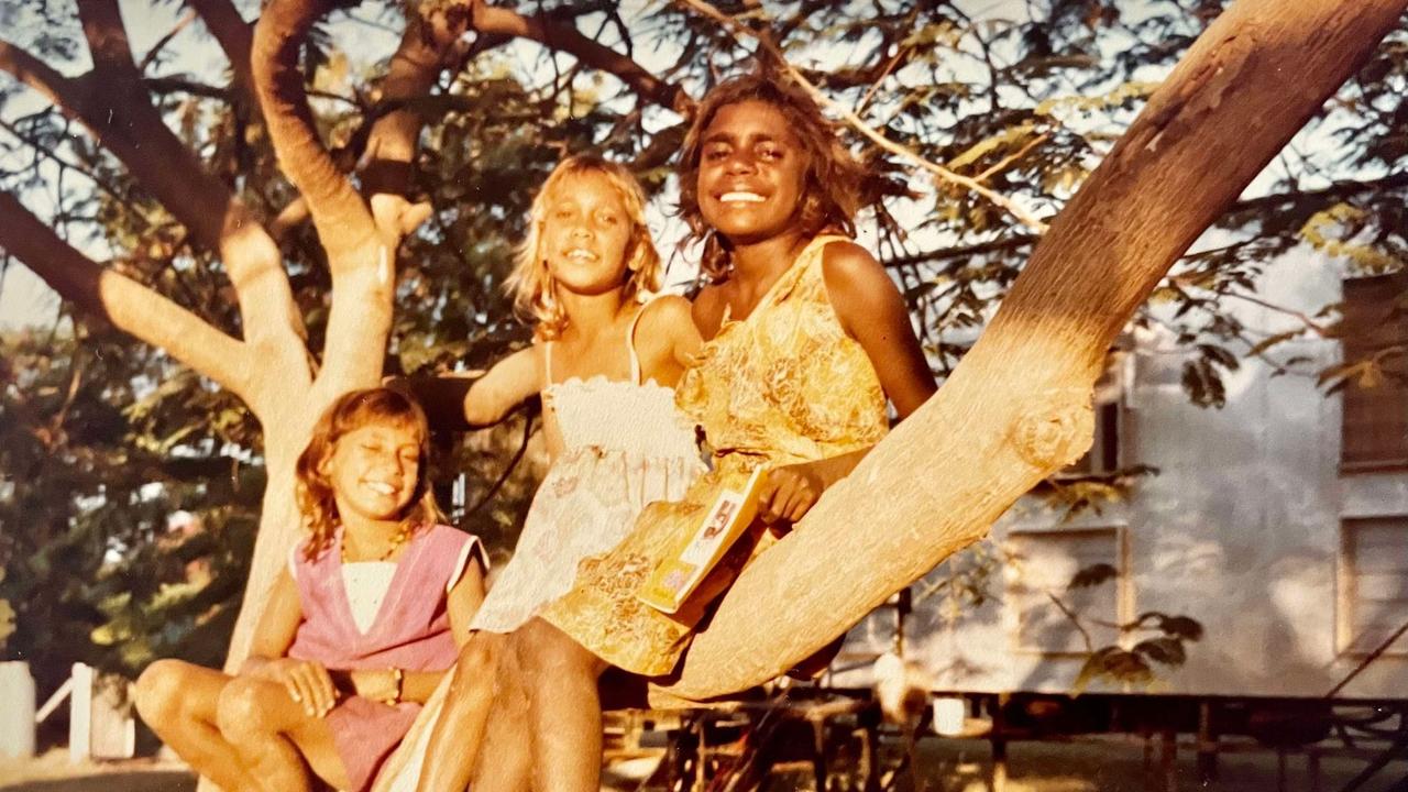 Maureen, Veronica and Peggy in front of Mrs Merrick's teacher accommodation van at Victoria River Downs. Photo: Wendy Merrick.