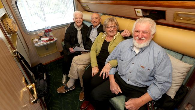 Ghan passengers Judy and Fred Micallef and Chris and John Gibki. Picture: AAP / Kelly Barnes