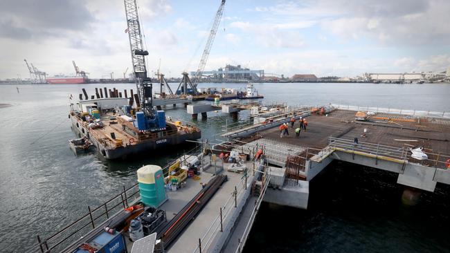 Work on the new Brisbane cruise ship terminal at the Port of Brisbane. Picture: Jamie Hanson.