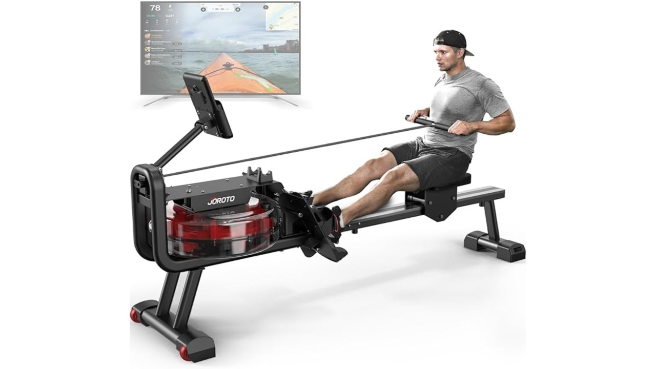 This water rower machine even folds up so you can pop it away. Image: Amazon