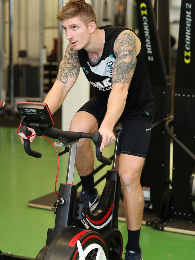 Hartlett has started using the exercise bike in his rehab. Picture: Dylan Coker