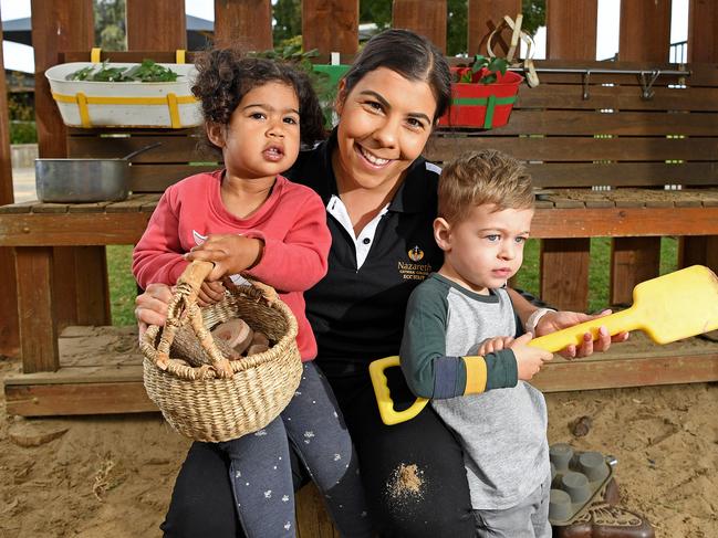 25/03/21 - Team leader/educator Jess Neves with Agnes, 2, and Mihail, 2. at Nazareth Early Childhood Centre which has received an Excellent rating by the Australian ChildrenÃs Education and Care Quality Authority. Picture: Tom Huntley