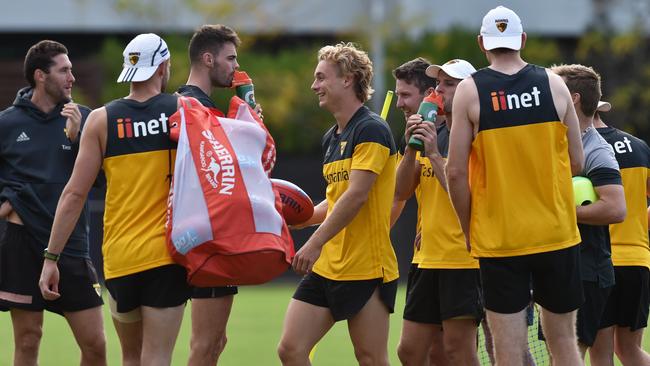 James Worpel, middle, has been a standout in Hawthorn’s midfield in the first two weeks.