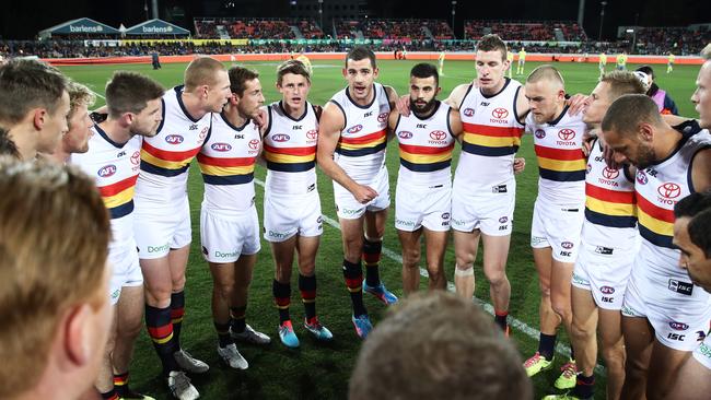 Captain Taylor Walker, middle, needs a full preseason to prove he can still command Adelaide with impact in 2019. Picture: Matt King/AFL Media/Getty Images