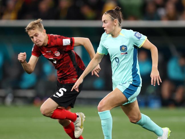 MELBOURNE, JULY 31, 2023: 2023 Fifa Womens World Cup - Australia V Canada. Caitlin Foord of the Matildas in action during the match at Melbourne Rectangular Stadium. Picture: Mark Stewart